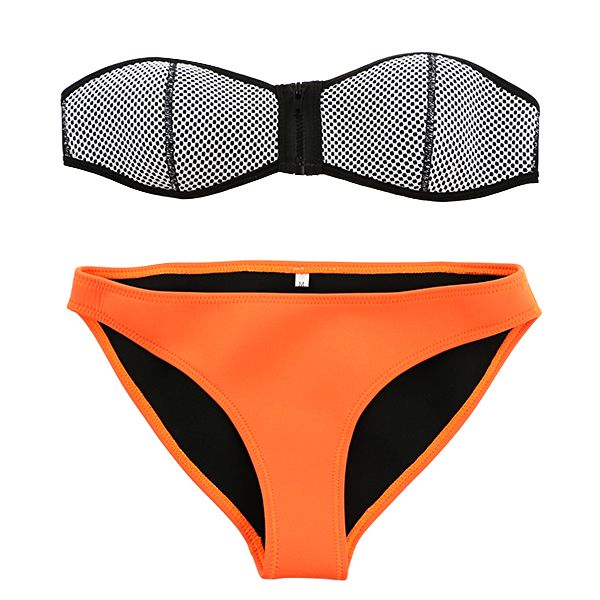Zipper Bandeau Strapless Mesh Triangle Bikini PushUp NEOPRENE Swimsuit